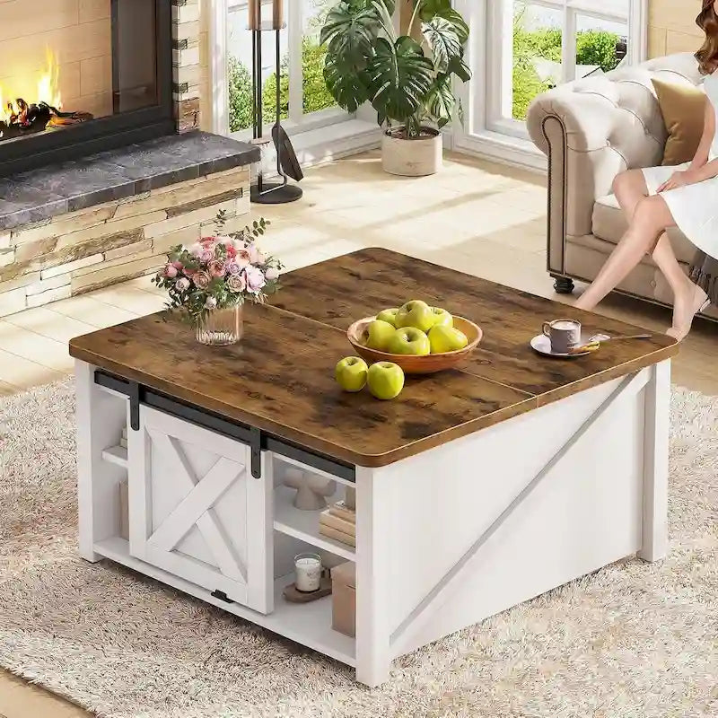 Table basse relevable carrée avec étagère de rangement et porte coulissante style grange
