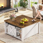 Table basse relevable carrée avec étagère de rangement et porte coulissante style grange