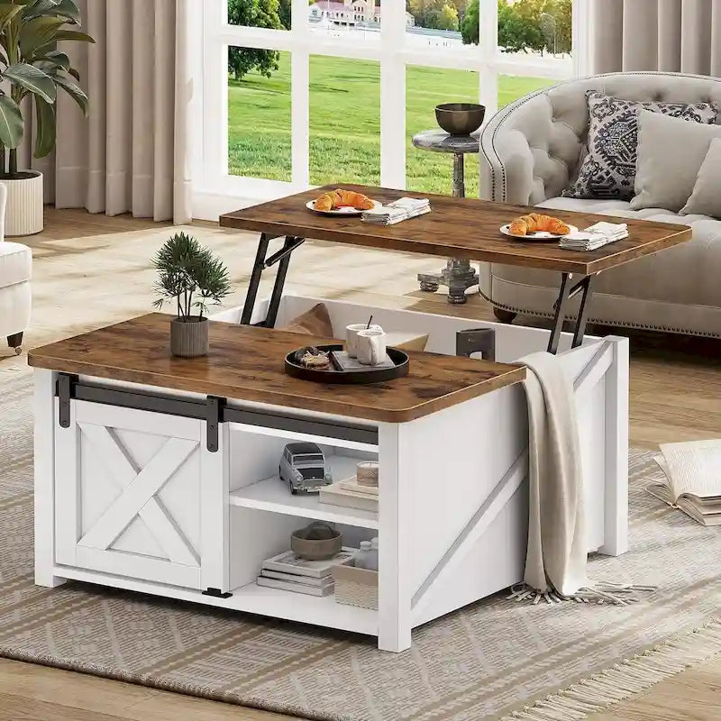 Table basse relevable carrée avec étagère de rangement et porte coulissante style grange