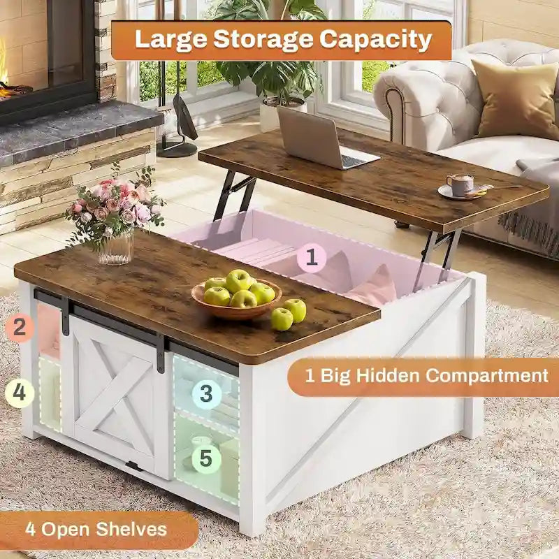 Table basse relevable carrée avec étagère de rangement et porte coulissante style grange