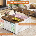 Table basse relevable carrée avec étagère de rangement et porte coulissante style grange