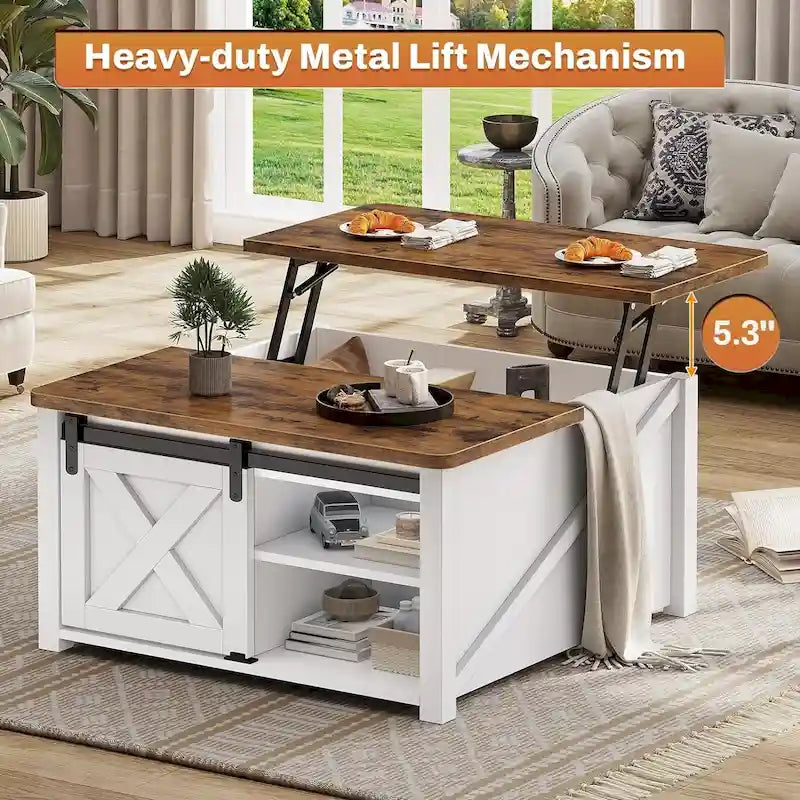 Table basse relevable carrée avec étagère de rangement et porte coulissante style grange