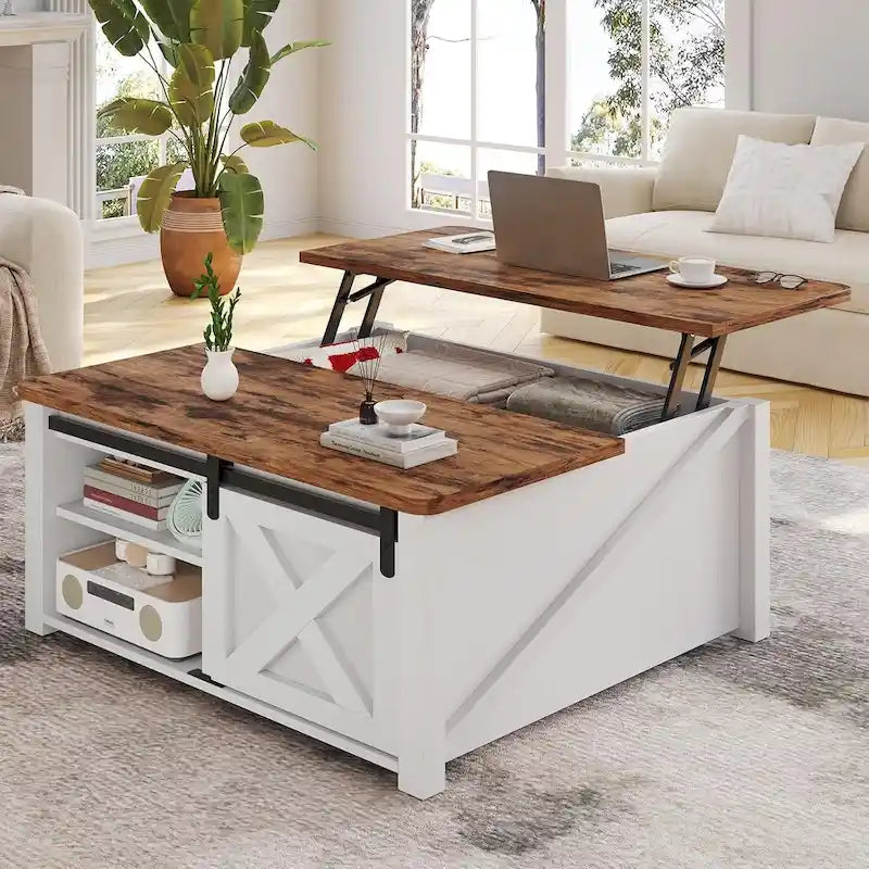 Table basse relevable carrée avec étagère de rangement et porte coulissante style grange