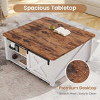 Table basse relevable carrée avec étagère de rangement et porte coulissante style grange