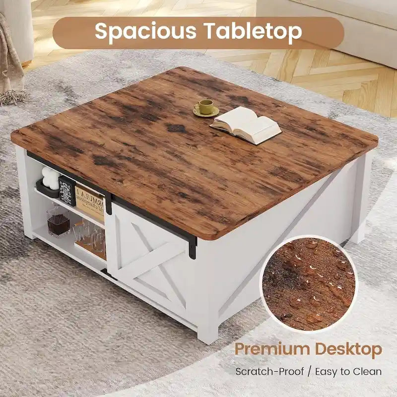 Table basse relevable carrée avec étagère de rangement et porte coulissante style grange