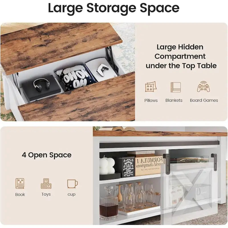 Table basse relevable carrée avec étagère de rangement et porte coulissante style grange