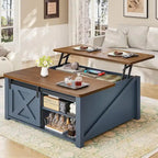 Table basse relevable carrée avec étagère de rangement et porte coulissante style grange