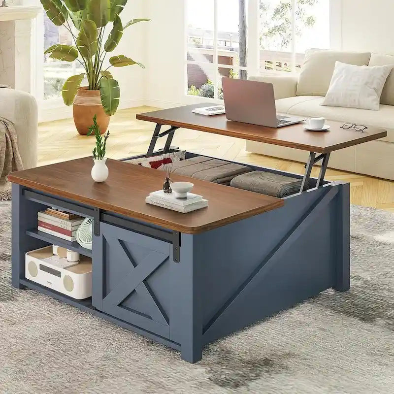 Table basse relevable carrée avec étagère de rangement et porte coulissante style grange