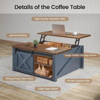 Table basse relevable carrée avec étagère de rangement et porte coulissante style grange
