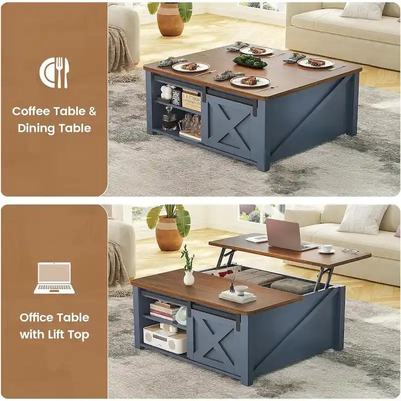 Table basse relevable carrée avec étagère de rangement et porte coulissante style grange