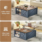 Table basse relevable carrée avec étagère de rangement et porte coulissante style grange