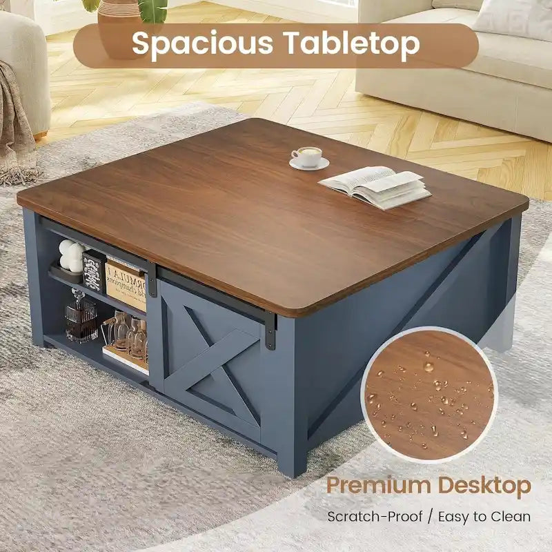 Table basse relevable carrée avec étagère de rangement et porte coulissante style grange