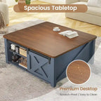 Table basse relevable carrée avec étagère de rangement et porte coulissante style grange