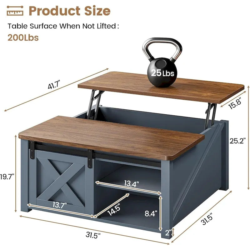 Table basse relevable carrée avec étagère de rangement et porte coulissante style grange