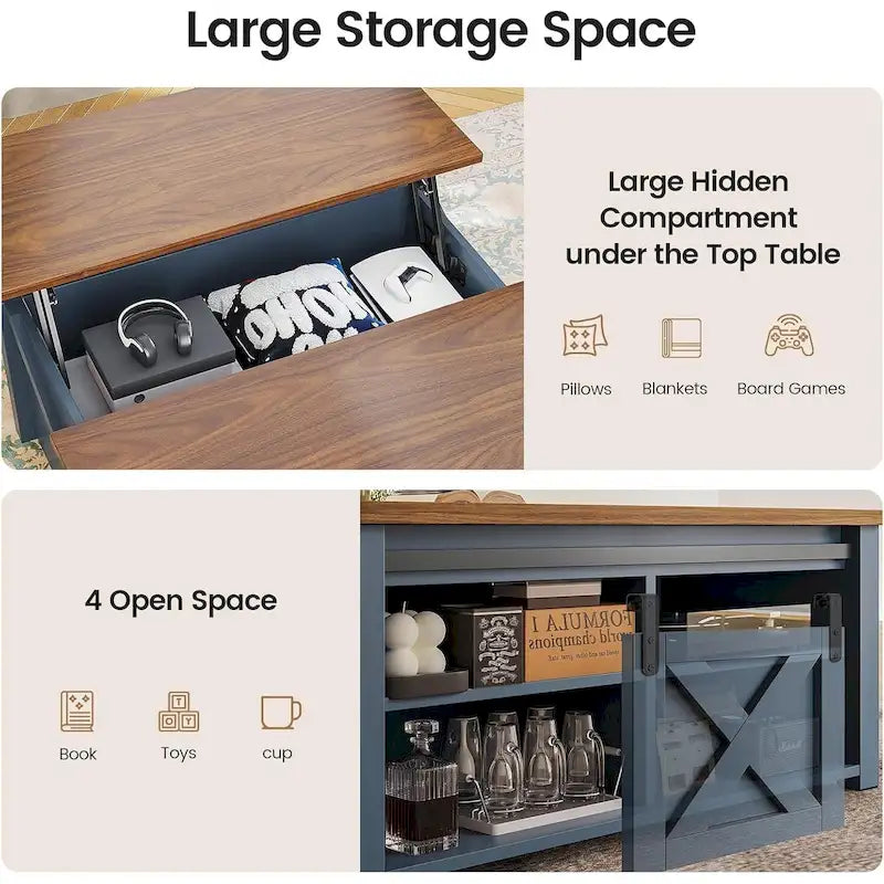 Table basse relevable carrée avec étagère de rangement et porte coulissante style grange