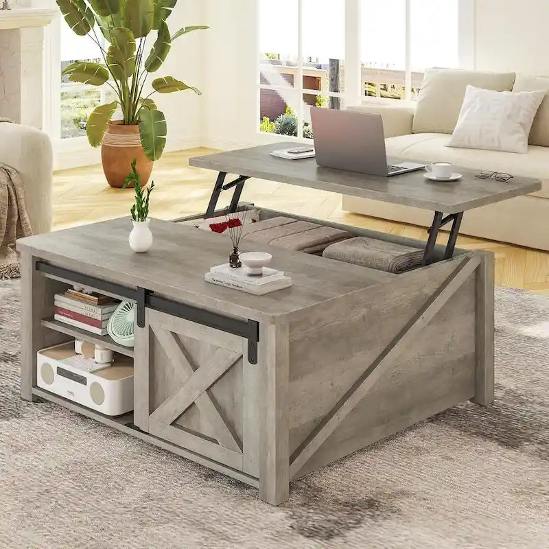 Table basse relevable carrée avec étagère de rangement et porte coulissante style grange