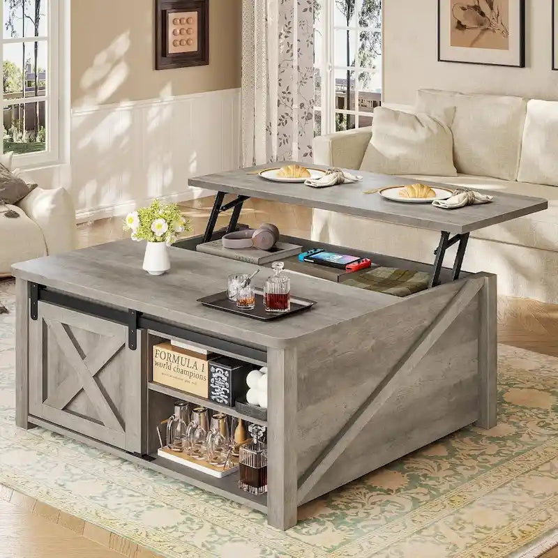 Table basse relevable carrée avec étagère de rangement et porte coulissante style grange