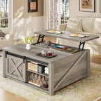 Table basse relevable carrée avec étagère de rangement et porte coulissante style grange