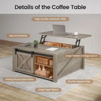 Table basse relevable carrée avec étagère de rangement et porte coulissante style grange