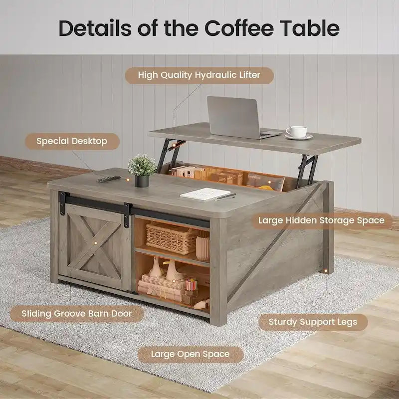 Table basse relevable carrée avec étagère de rangement et porte coulissante style grange