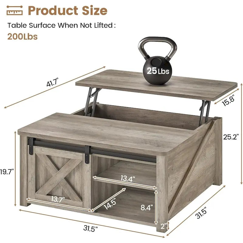 Table basse relevable carrée avec étagère de rangement et porte coulissante style grange