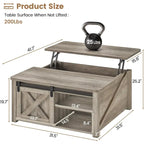 Table basse relevable carrée avec étagère de rangement et porte coulissante style grange