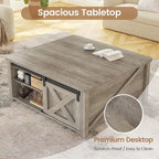 Table basse relevable carrée avec étagère de rangement et porte coulissante style grange