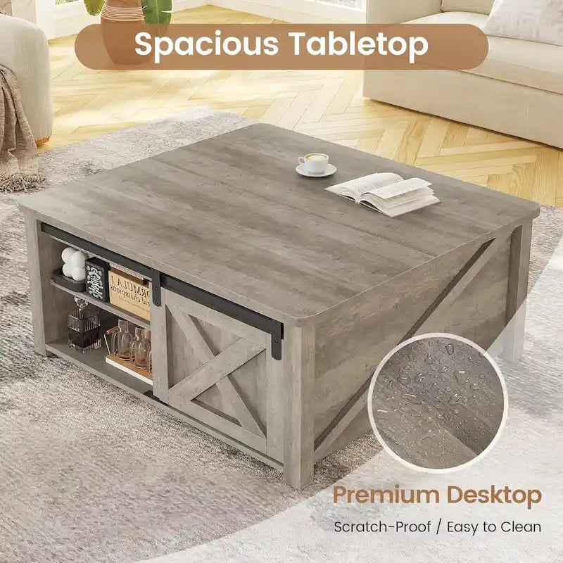 Table basse relevable carrée avec étagère de rangement et porte coulissante style grange