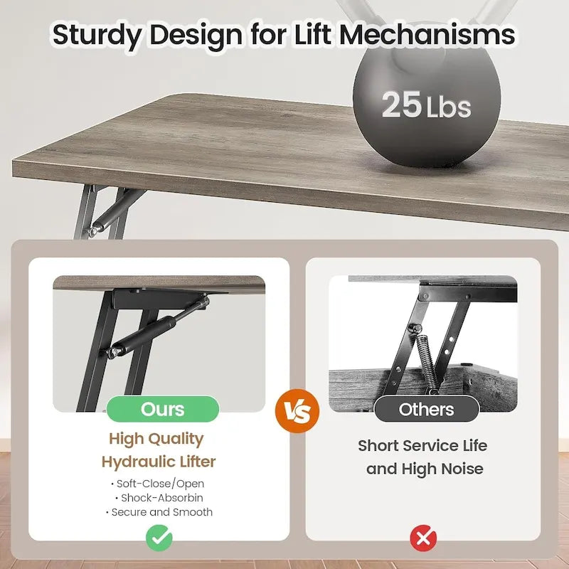 Table basse relevable carrée avec étagère de rangement et porte coulissante style grange