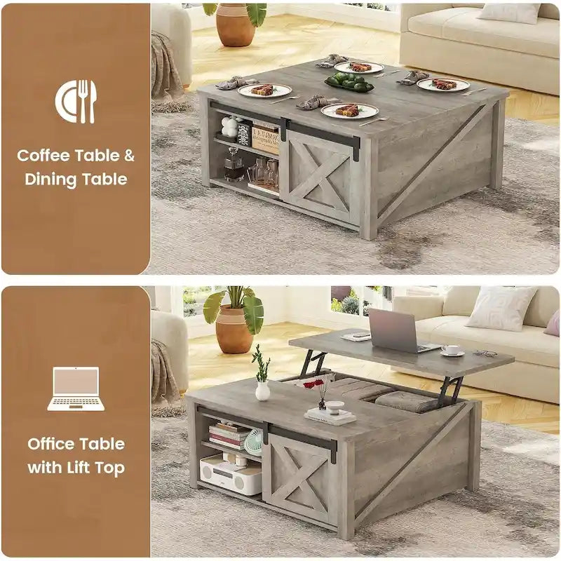 Table basse relevable carrée avec étagère de rangement et porte coulissante style grange