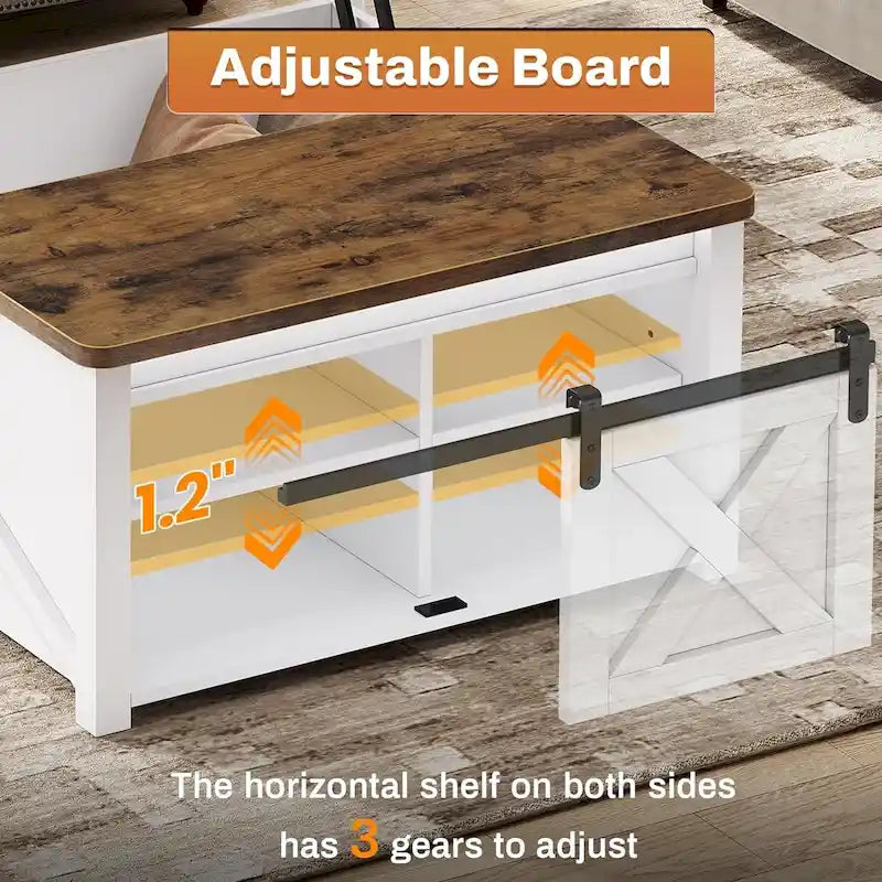 Table basse relevable carrée avec étagère de rangement et porte coulissante style grange