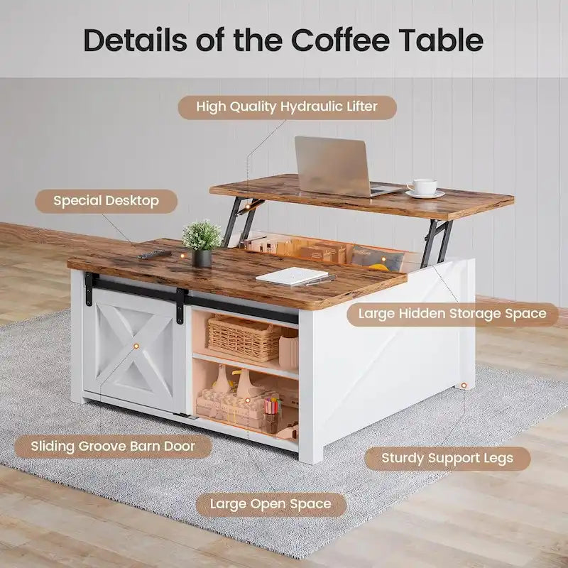 Table basse relevable carrée avec étagère de rangement et porte coulissante style grange