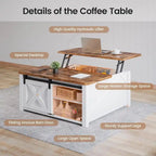Table basse relevable carrée avec étagère de rangement et porte coulissante style grange