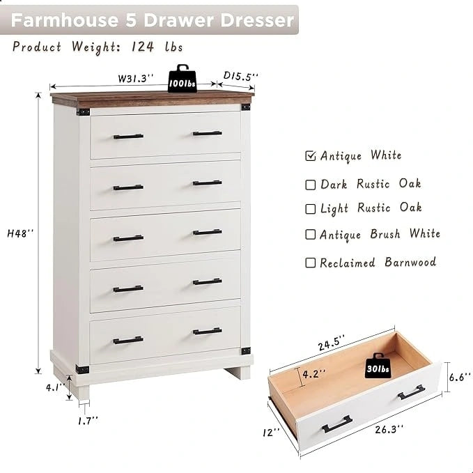 Commode de ferme à 5 tiroirs, commode en bois, commode de placard
