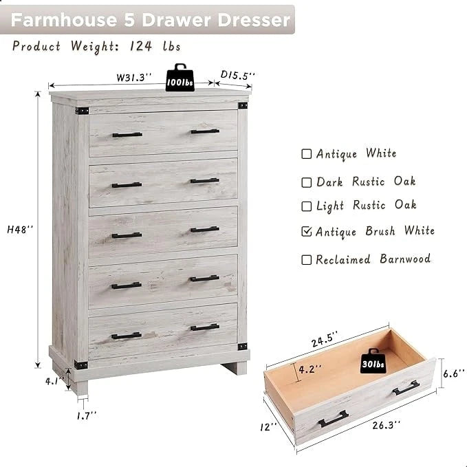 Commode de ferme à 5 tiroirs, commode en bois, commode de placard