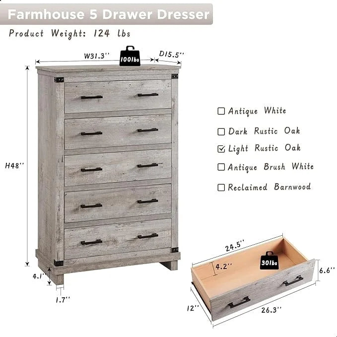 Commode de ferme à 5 tiroirs, commode en bois, commode de placard