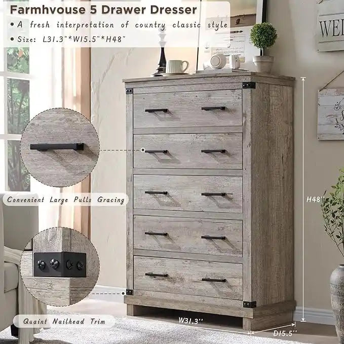 Commode de ferme à 5 tiroirs, commode en bois, commode de placard