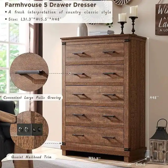Commode de ferme à 5 tiroirs, commode en bois, commode de placard