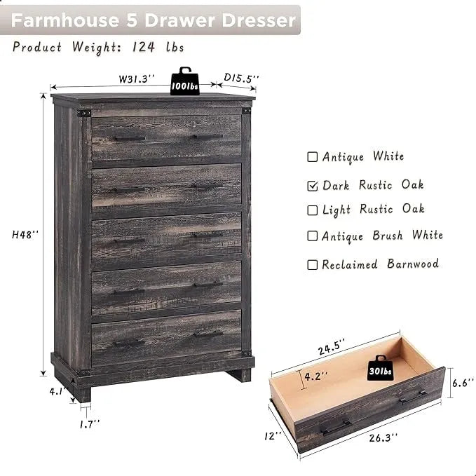 Commode de ferme à 5 tiroirs, commode en bois, commode de placard
