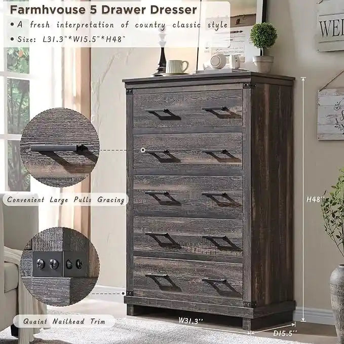 Commode de ferme à 5 tiroirs, commode en bois, commode de placard