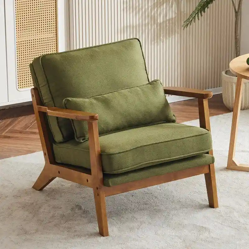 Fauteuil d'appoint rembourré en mélange de lin avec pieds en bois et un oreiller beige