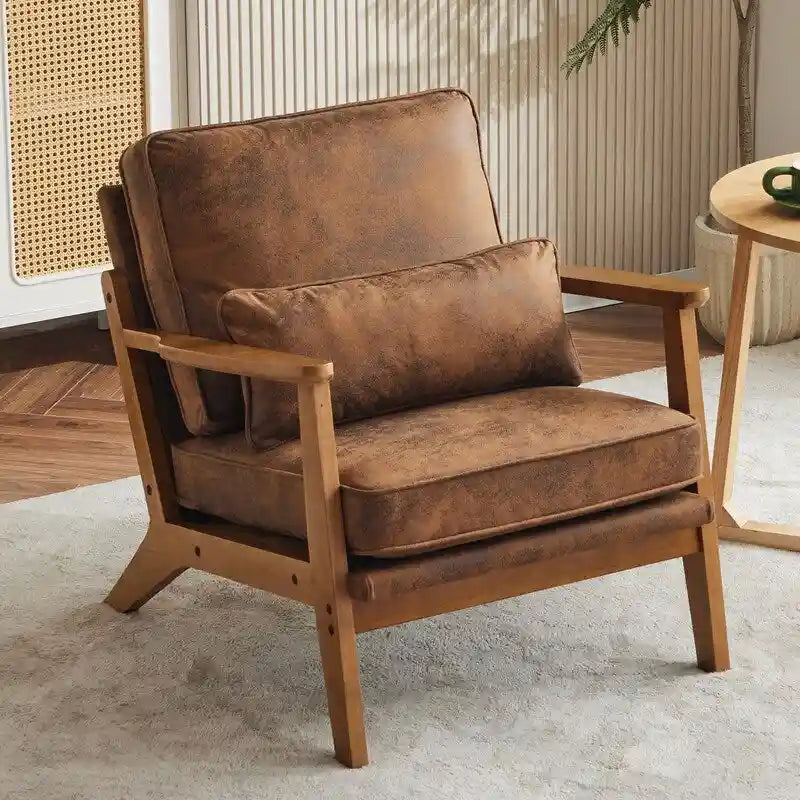 Fauteuil d'appoint rembourré en mélange de lin avec pieds en bois et un oreiller beige