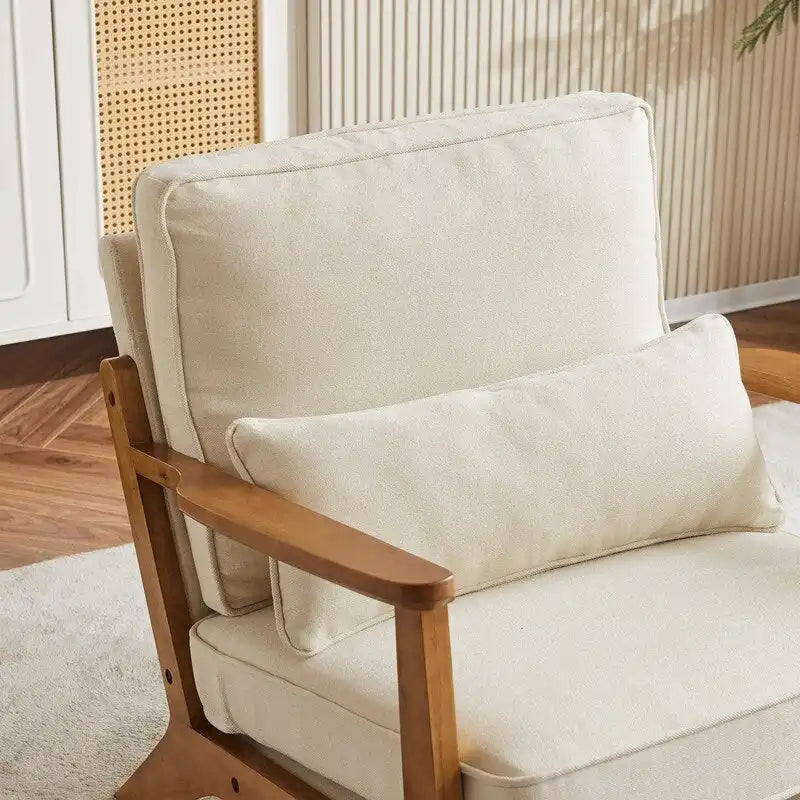 Fauteuil d'appoint rembourré en mélange de lin avec pieds en bois et un oreiller beige