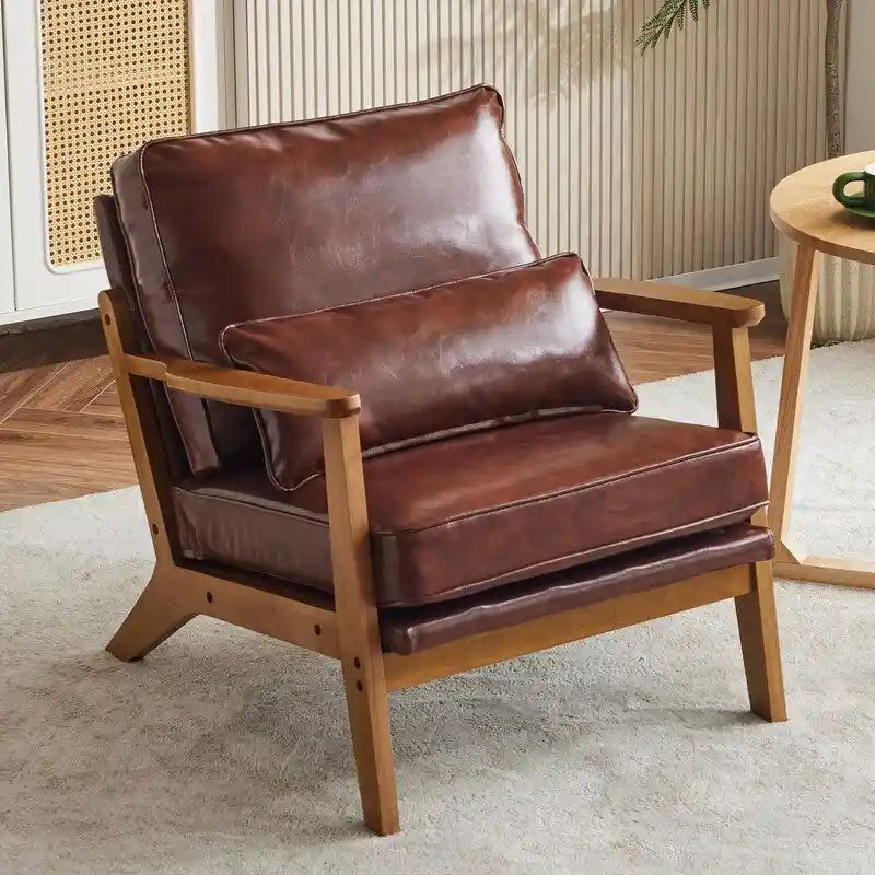 Fauteuil d'appoint rembourré en mélange de lin avec pieds en bois et un oreiller beige