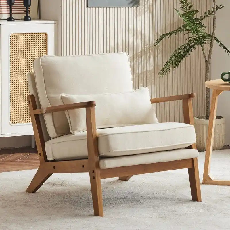 Fauteuil d'appoint rembourré en mélange de lin avec pieds en bois et un oreiller beige