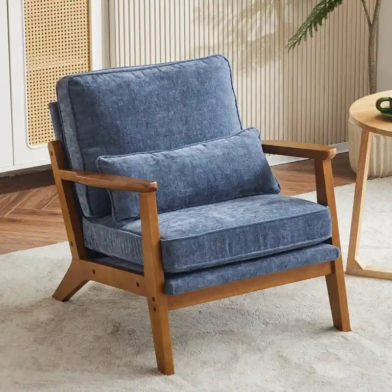 Fauteuil d'appoint rembourré en mélange de lin avec pieds en bois et un oreiller beige