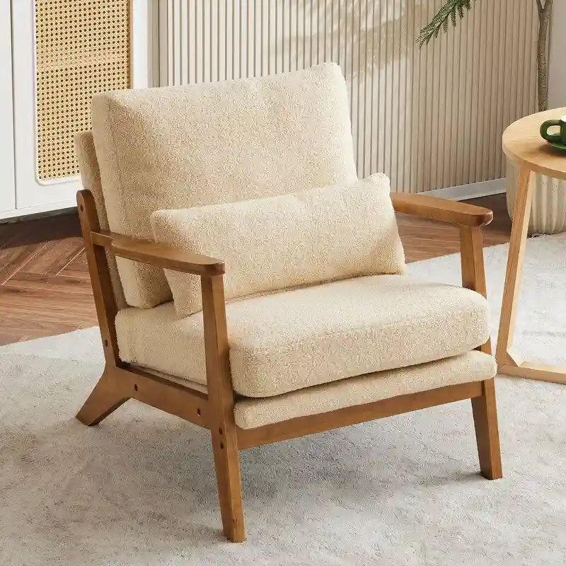 Fauteuil d'appoint rembourré en mélange de lin avec pieds en bois et un oreiller beige