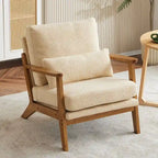 Fauteuil d'appoint rembourré en mélange de lin avec pieds en bois et un oreiller beige