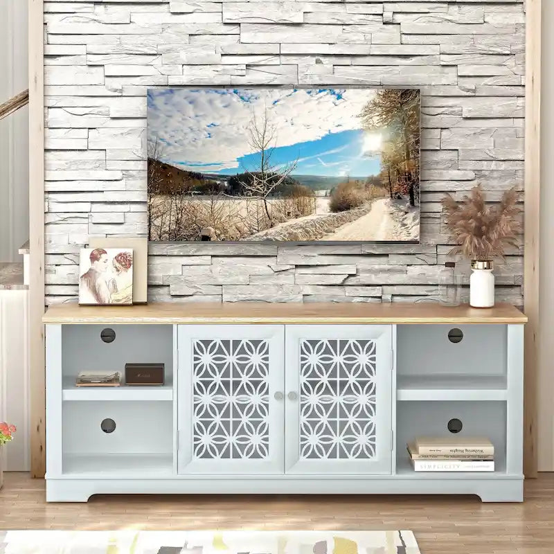 Meuble TV décoratif rustique floral de 70 po pour téléviseurs jusqu'à 80 po