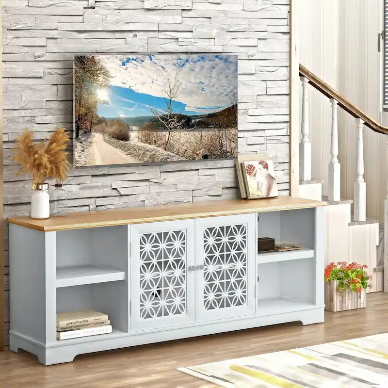 Meuble TV décoratif rustique floral de 70 po pour téléviseurs jusqu'à 80 po
